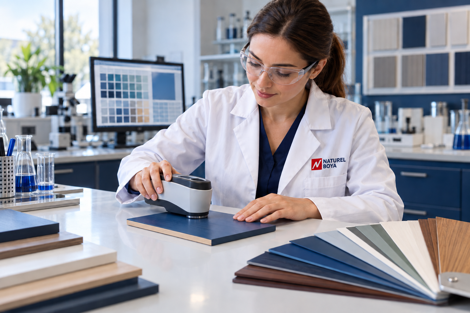 Illustrative image of a chemist in a white coat measuring colour with a spectrophotometer