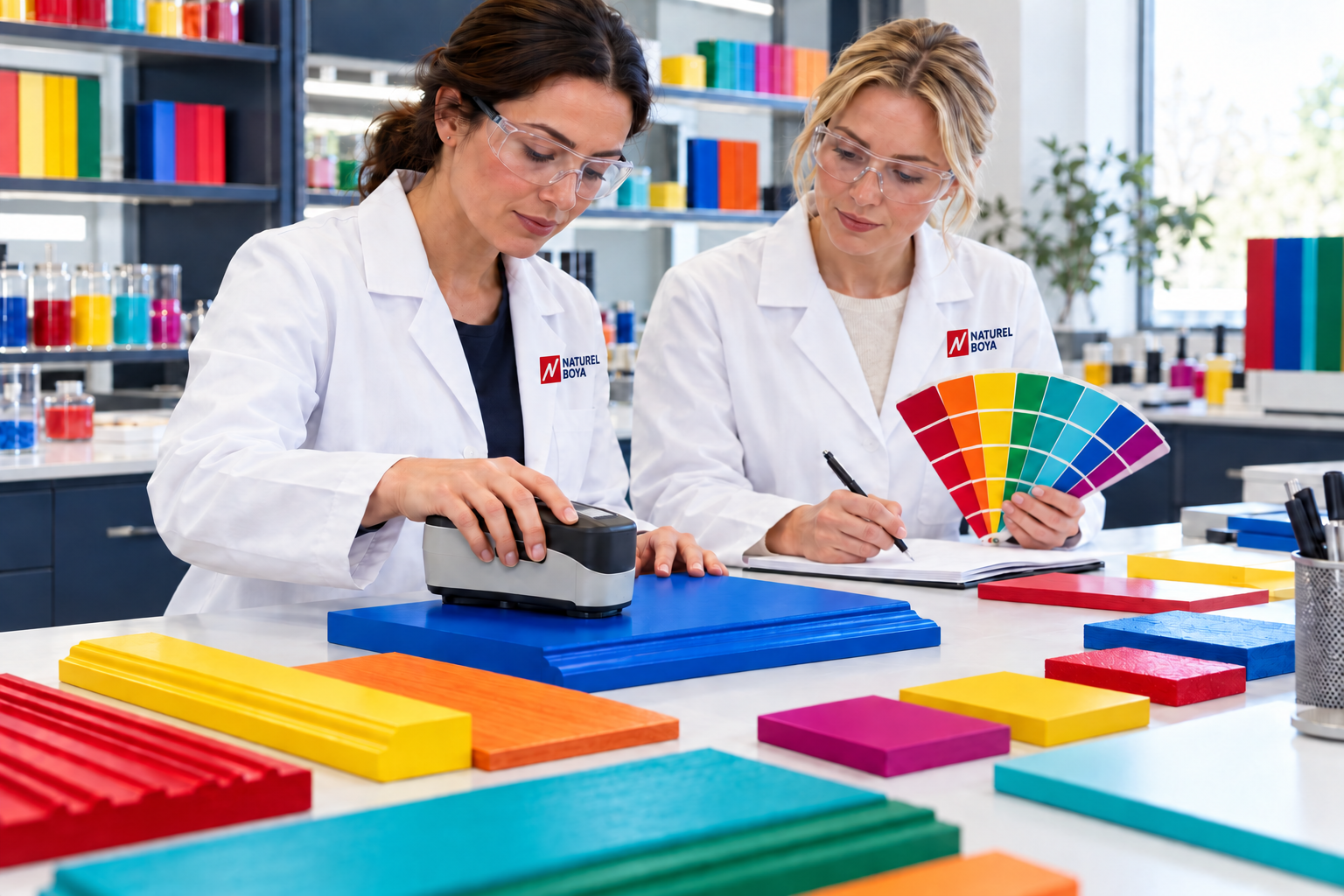 Illustrative laboratory image of two women in white coats measuring colour with a spectrophotometer